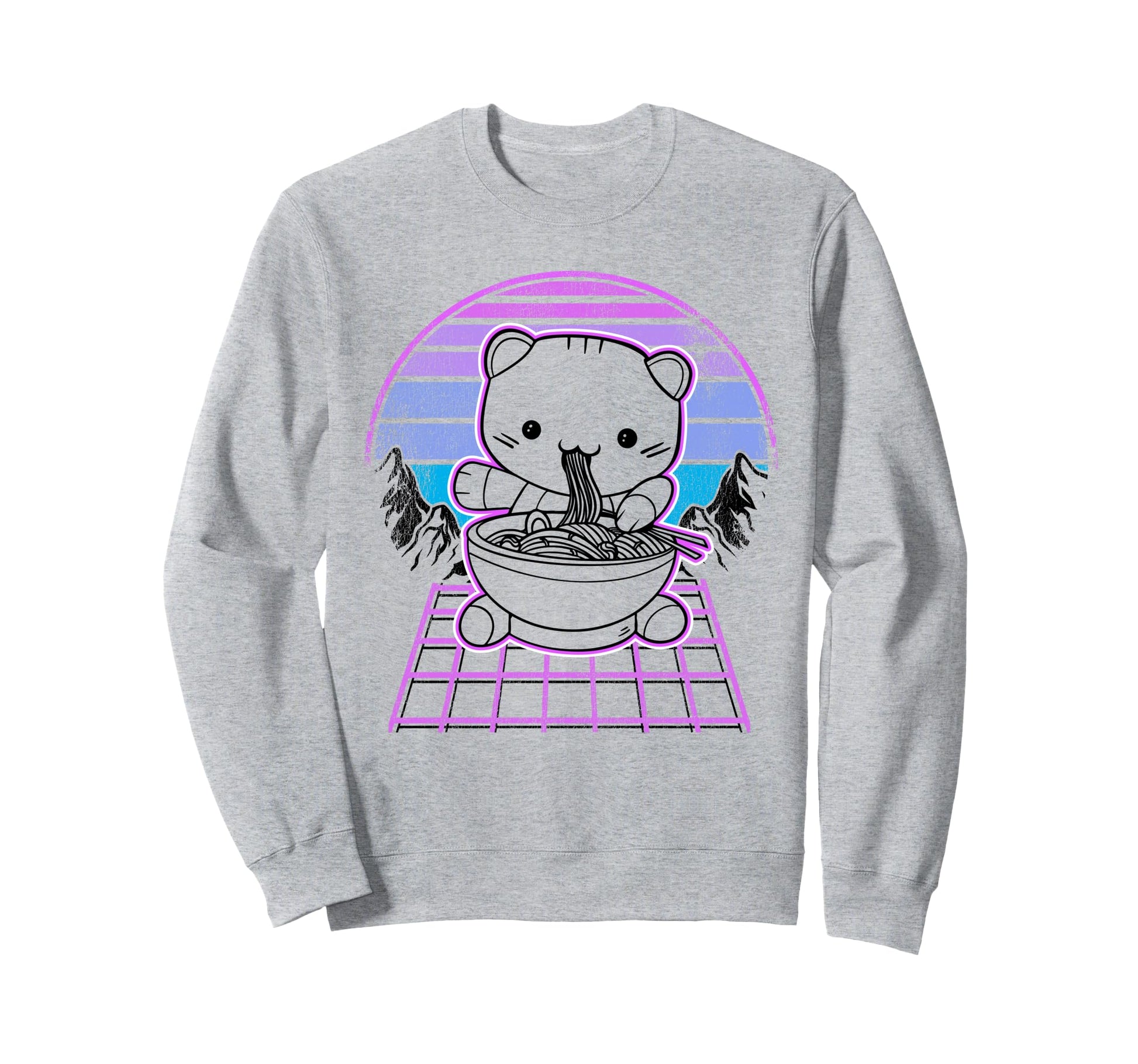 Ramen Cat Kawaii Retrowave Sunset Sweatshirt - Casual Everyday Wear Unisex - T-Shirt, Sweatshirt, Hoodie