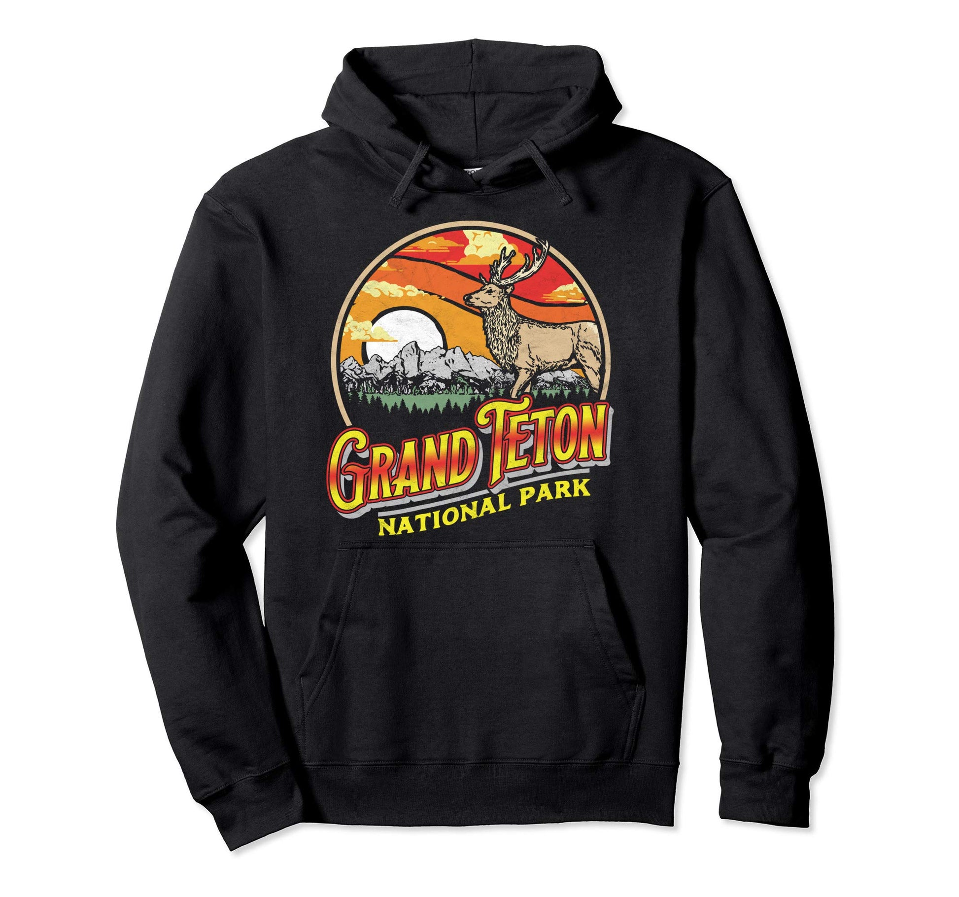 Grand Teton National Park 80S Elk Hoodie - Unique Graphic Unisex - T-Shirt, Sweatshirt, Hoodie