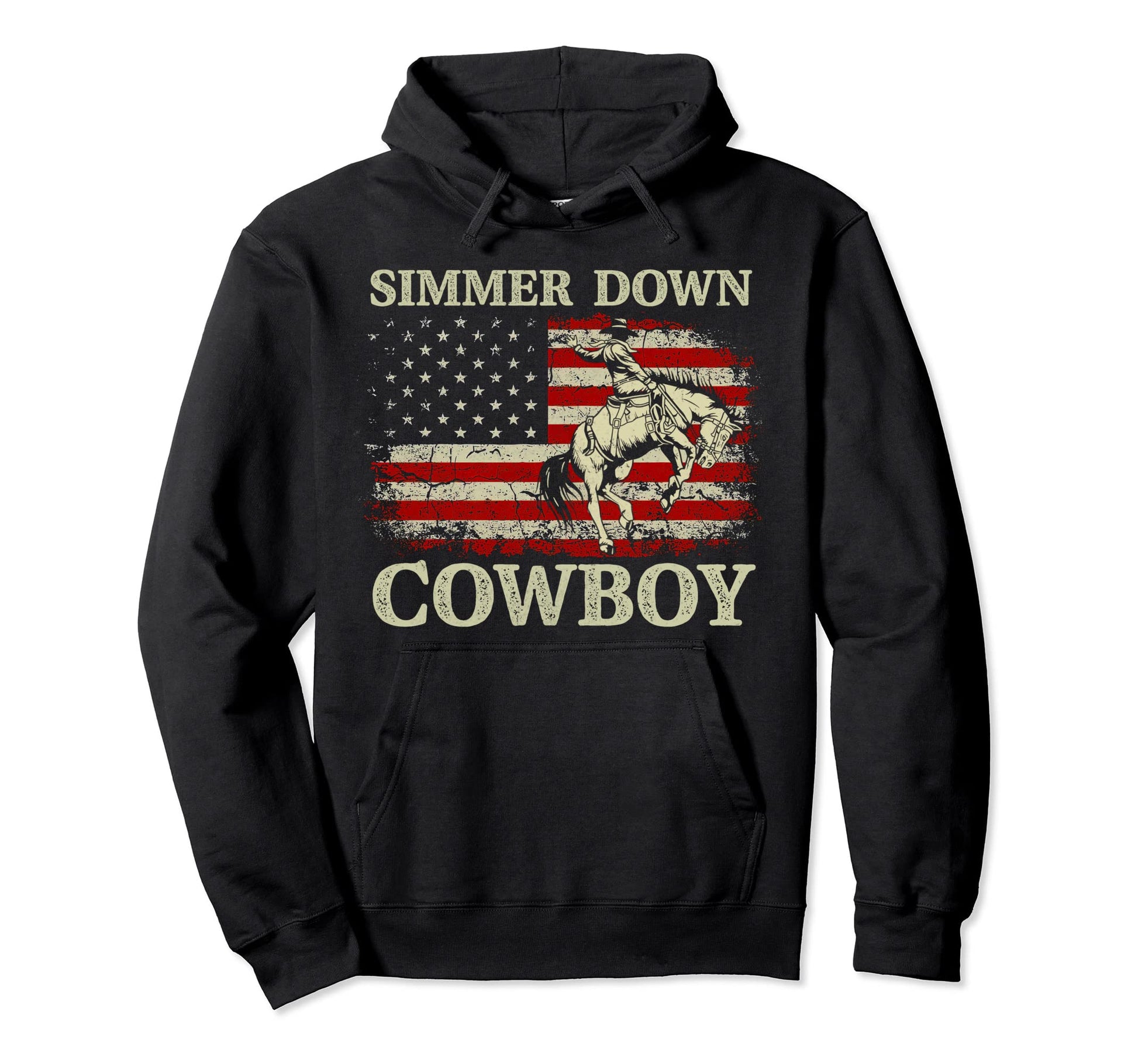 Simmer Down Cowboy Riding Horse Usa Flag Hoodie - Custom Art Print Unisex - T-Shirt, Sweatshirt, Hoodie