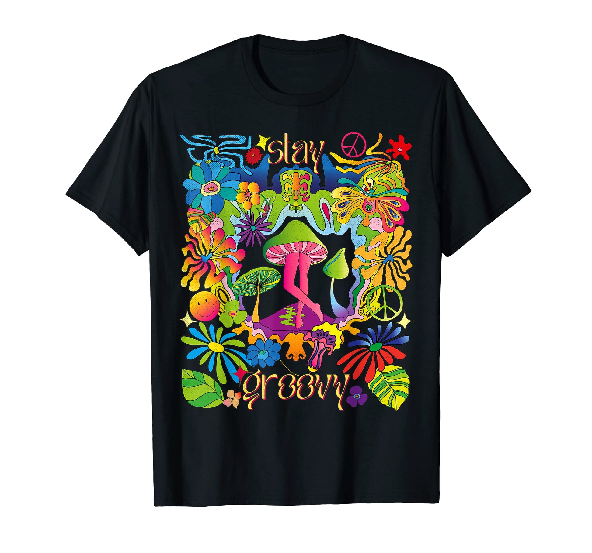 Stay Groovy 70S Rainbow Butterfly Mushroom T-Shirt - Graphic Print Unisex - T-Shirt, Sweatshirt, Hoodie