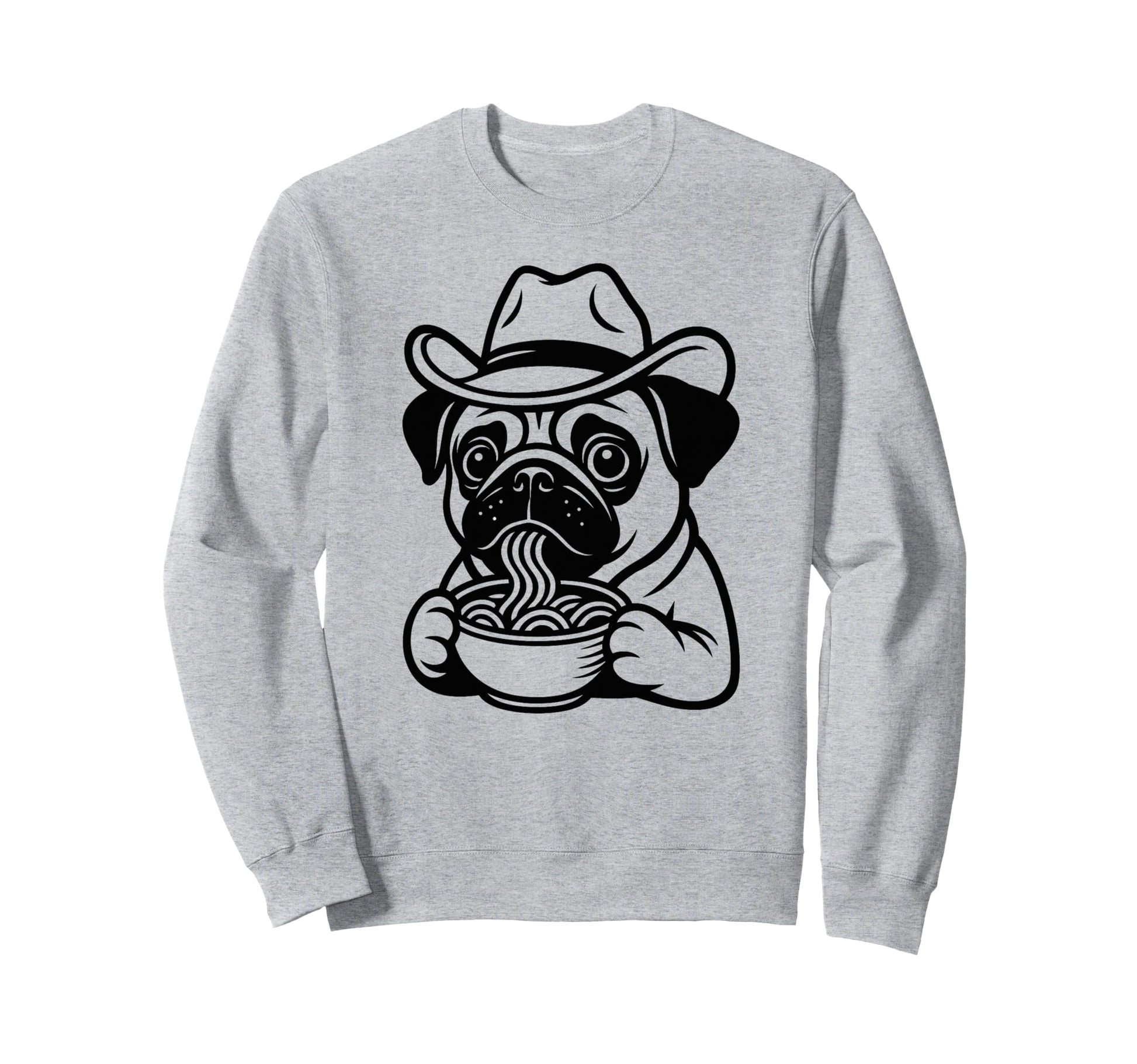 Pug Eating Ramen Noodles Cowboy Hat Sweatshirt - Custom Art Print Unisex - T-Shirt, Sweatshirt, Hoodie