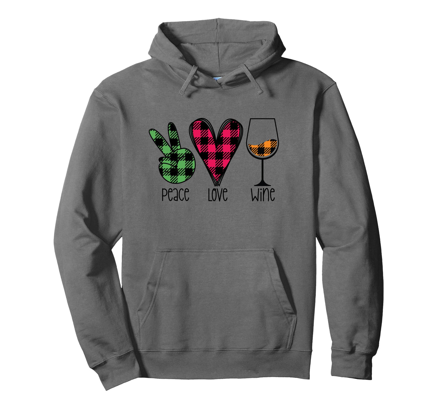 Funny Peace Love Wine Plaid Buffalo Hoodie - Unique Graphic Men Women - T-Shirt, Sweatshirt, Hoodie