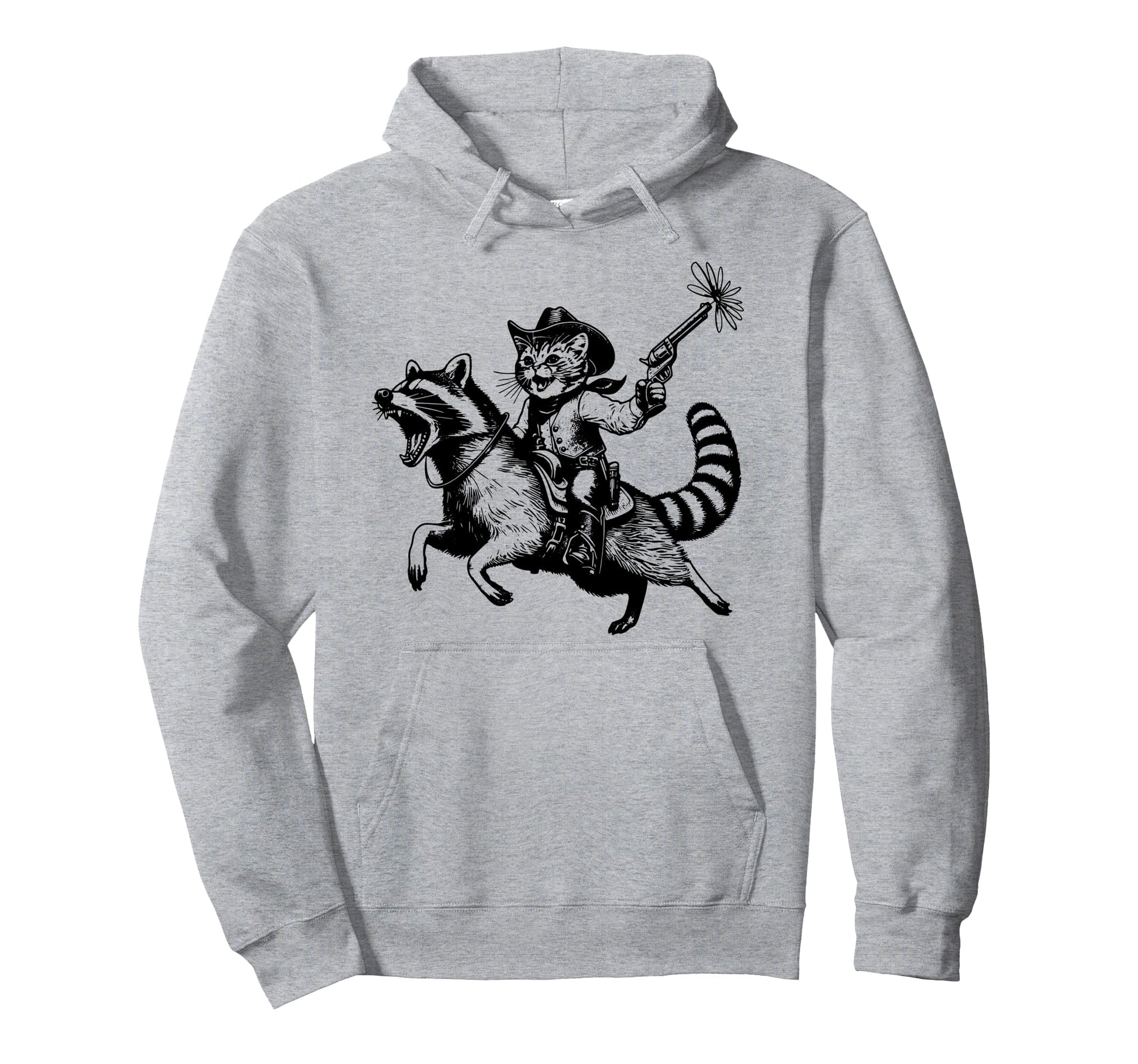90S Cowboy Cat Riding Raccoon Funny Hoodie - Novelty Apparel Unisex - T-Shirt, Sweatshirt, Hoodie