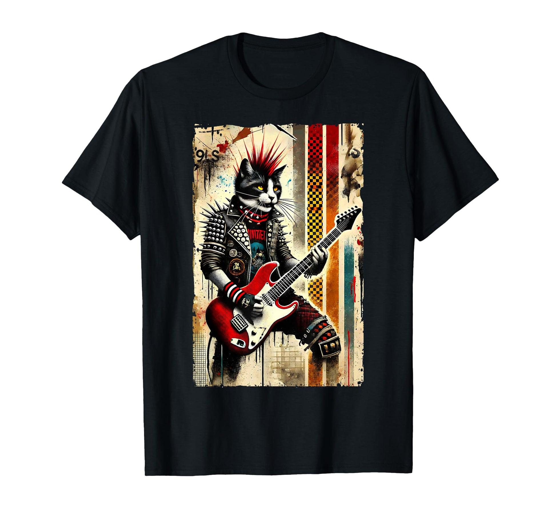 Distressed Cat Playing Guitar 90S T-Shirt - Novelty Apparel for Adults - T-Shirt, Sweatshirt, Hoodie