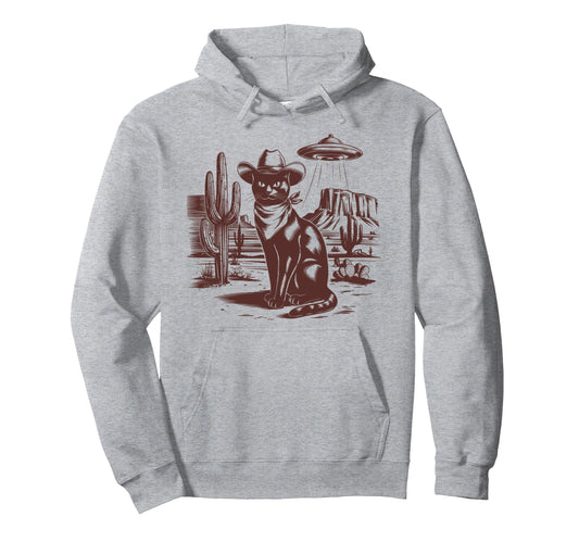 Black Cat Ufo Western Alien 90S Cowboy Hoodie - Aesthetic Graphic Men Women - T-Shirt, Sweatshirt, Hoodie