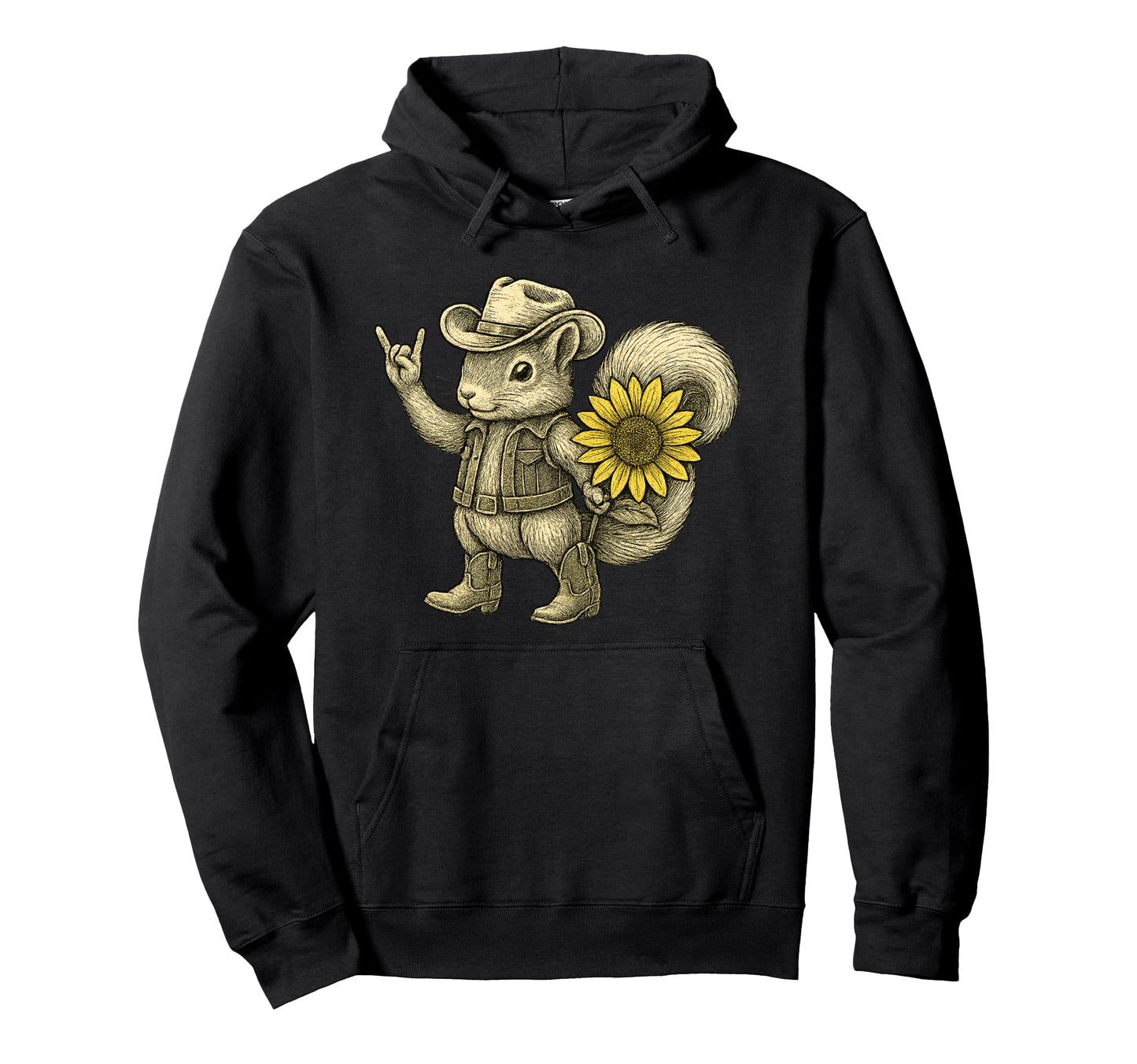 Cowboy Squirrel Sunflower Western Hoodie - Unique Graphic for Adults - T-Shirt, Sweatshirt, Hoodie