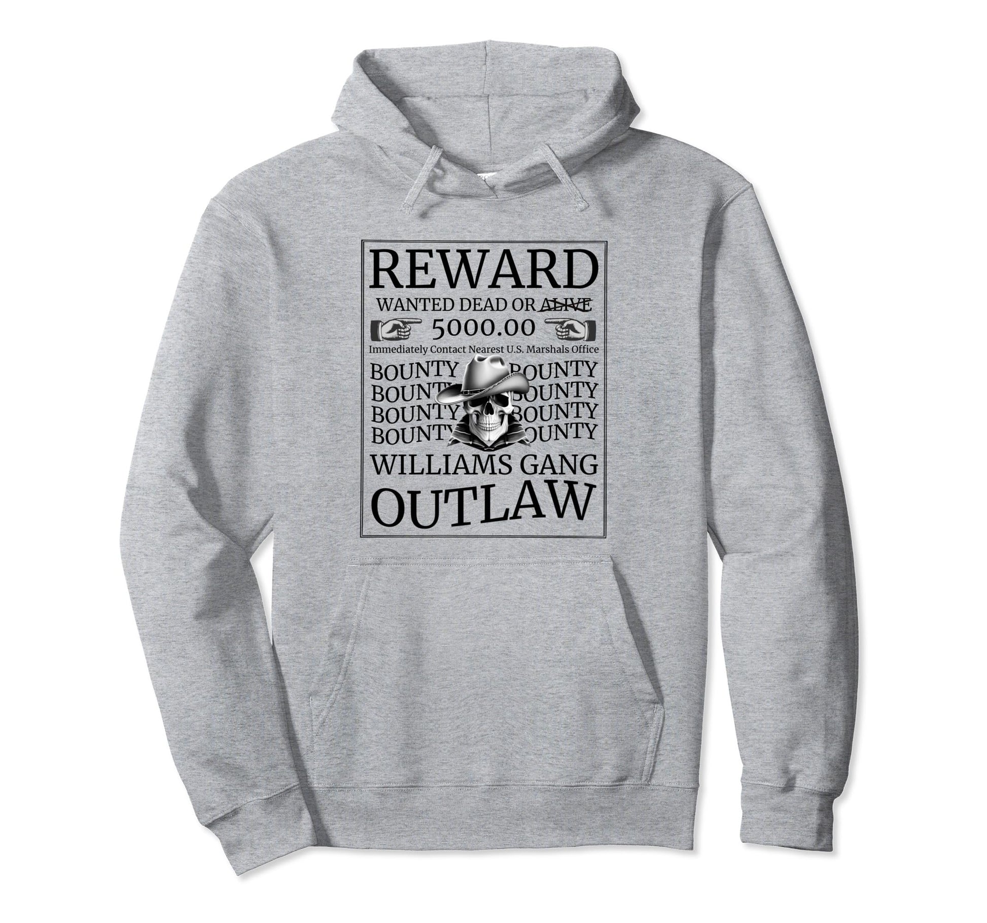 Wanted Western Cowboy Skull Williams Hoodie - Novelty Apparel for Adults - T-Shirt, Sweatshirt, Hoodie