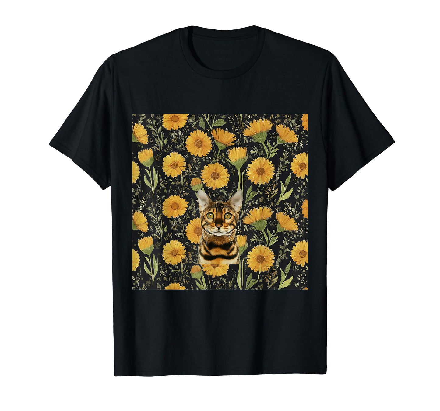 Bengal Cat Yellow Calendula Autumn T-Shirt - Unique Graphic for Adults - T-Shirt, Sweatshirt, Hoodie