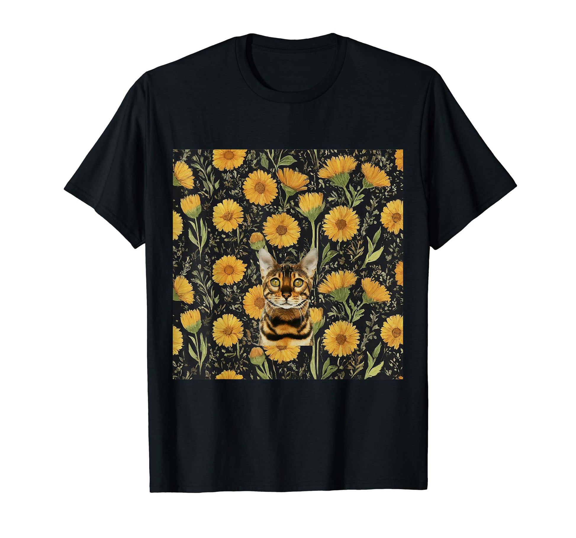 Bengal Cat Yellow Calendula Autumn T-Shirt - Unique Graphic for Adults - T-Shirt, Sweatshirt, Hoodie