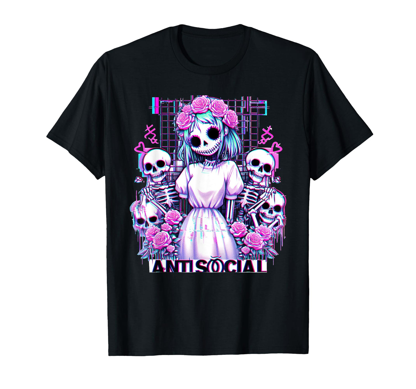 Antisocial Skeleton Anime Gothic Vaporwave T-Shirt - Unique Graphic Unisex - T-Shirt, Sweatshirt, Hoodie