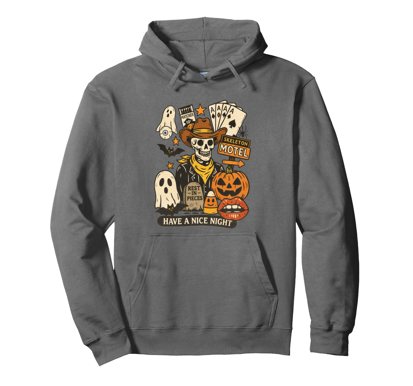 Halloween Cowboy Skeleton Motel Hoodie - Aesthetic Graphic for Adults - T-Shirt, Sweatshirt, Hoodie