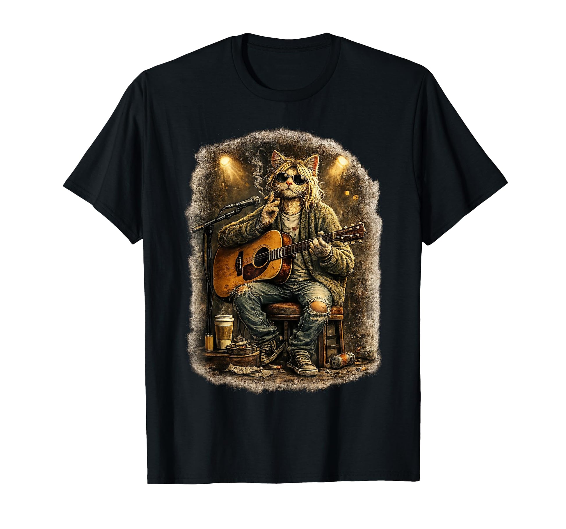 Cat Playing Guitar Grunge Acoustic Rock T-Shirt - Streetwear Style Unisex - T-Shirt, Sweatshirt, Hoodie