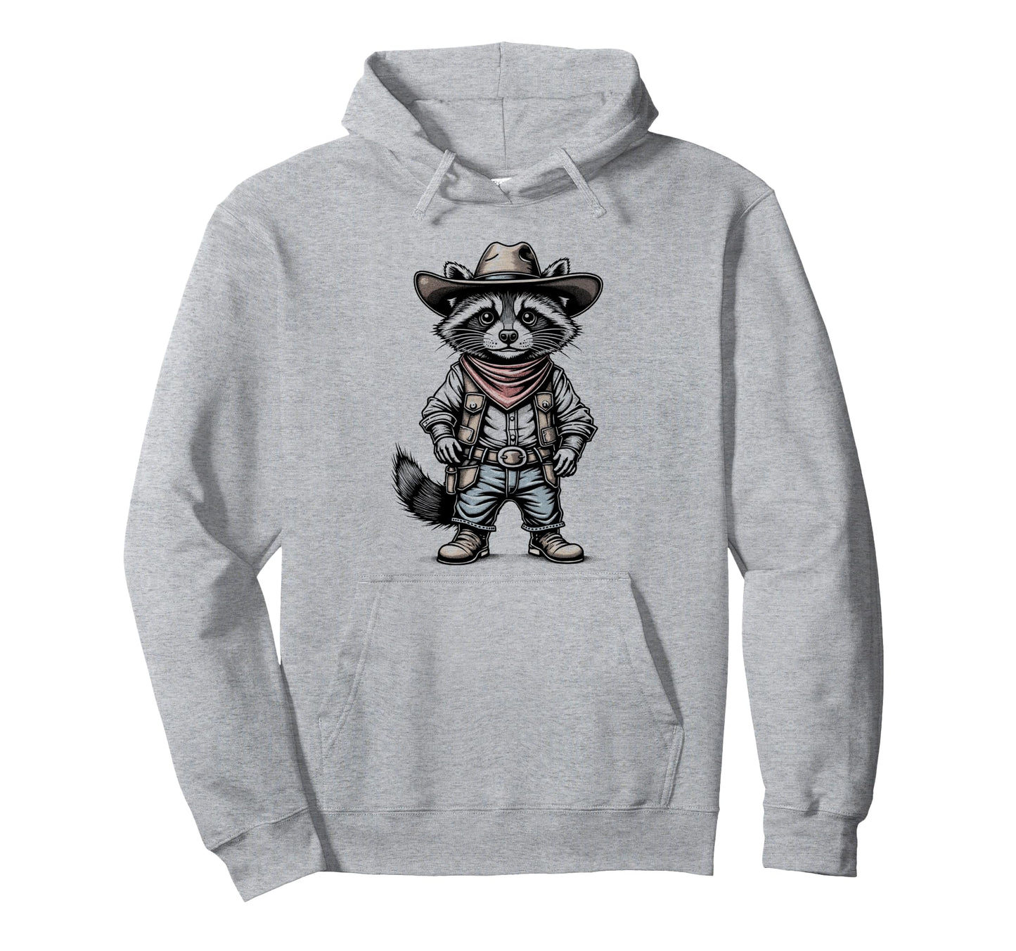 Funny Western Raccoon Wearing Cowboy Hoodie - Minimalist Print for Adults - T-Shirt, Sweatshirt, Hoodie