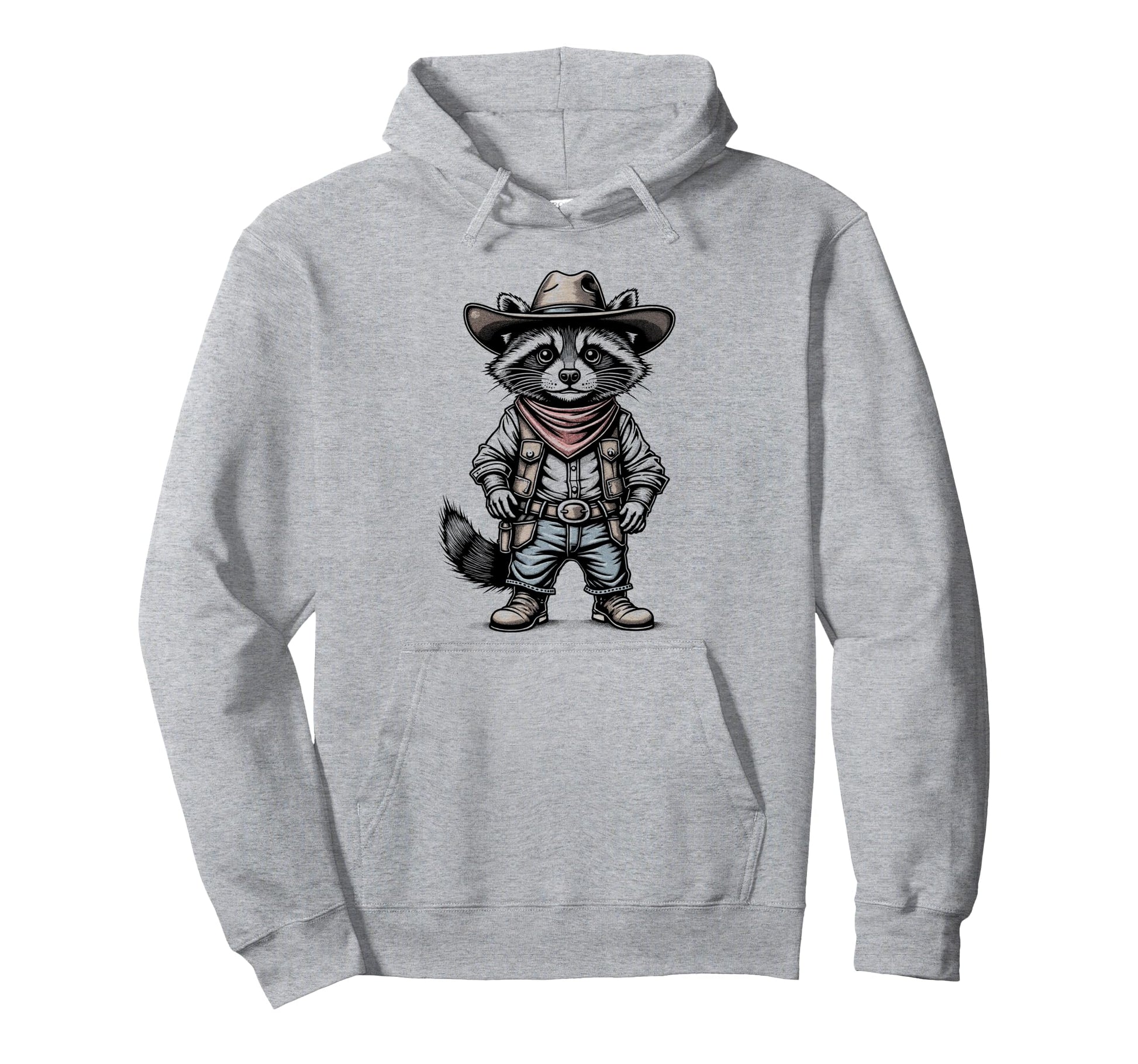 Funny Western Raccoon Wearing Cowboy Hoodie - Minimalist Print for Adults - T-Shirt, Sweatshirt, Hoodie
