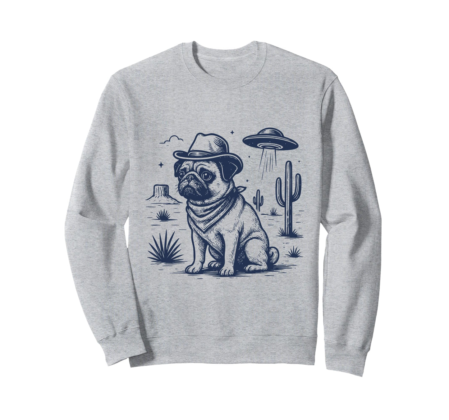 Western Pug Cowboy Ufo Sweatshirt - Unique Graphic Unisex - T-Shirt, Sweatshirt, Hoodie