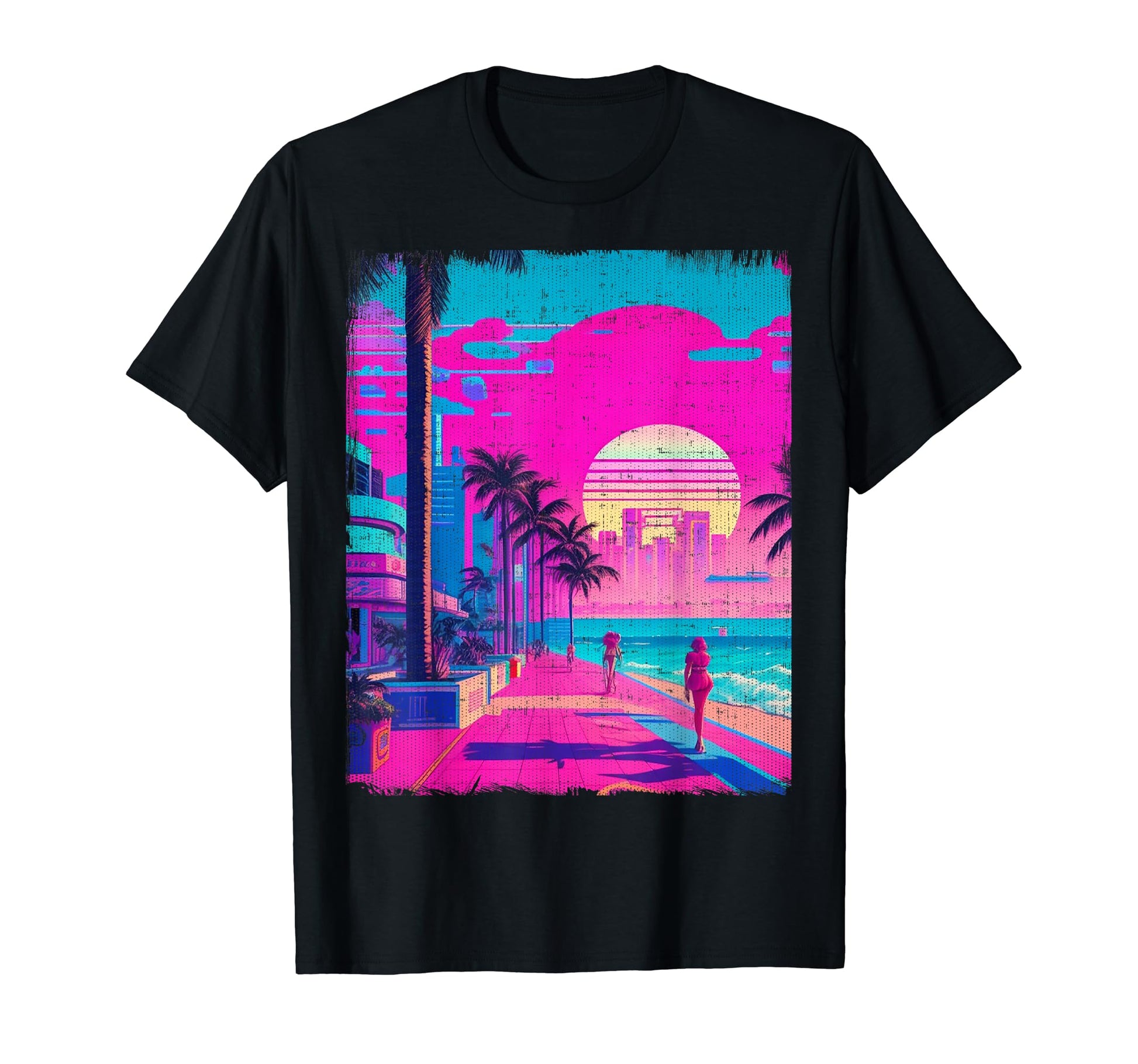 Sunset Over Miami Beach Vaporwave T-Shirt - Fun Novelty Design for Adults - T-Shirt, Sweatshirt, Hoodie