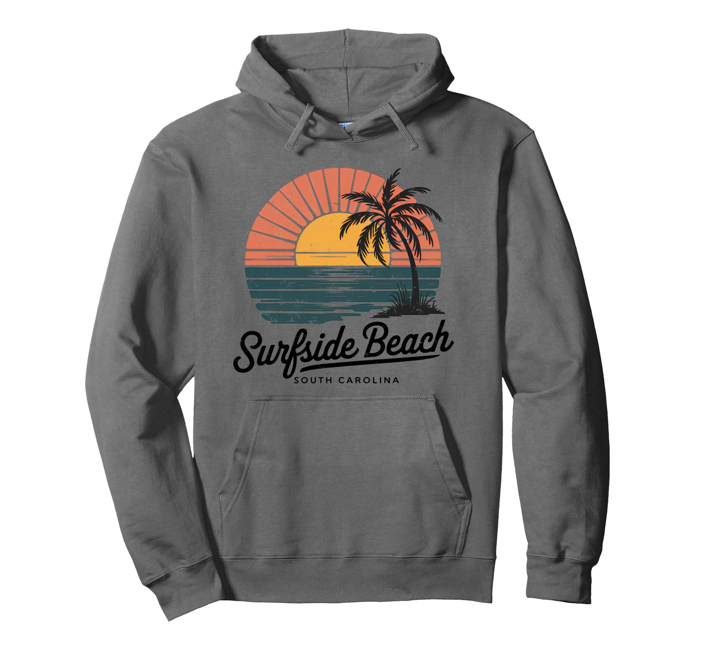 Surfside Beach Sunset Palm Trees Wave Hoodie - Graphic Print for Adults - T-Shirt, Sweatshirt, Hoodie