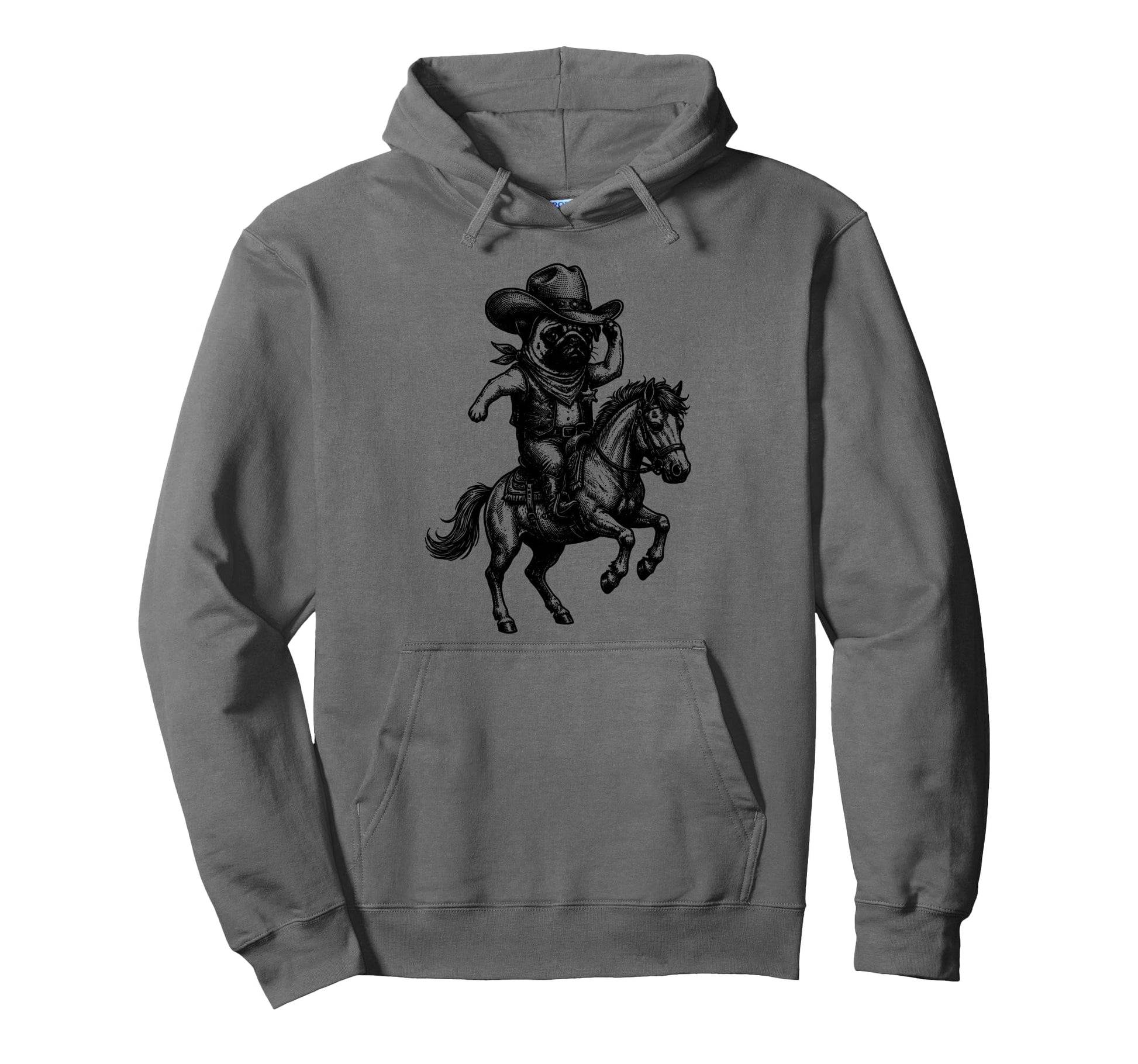Funny Cowboy Pug Riding Horse Hoodie - Fun Novelty Design Men Women - T-Shirt, Sweatshirt, Hoodie