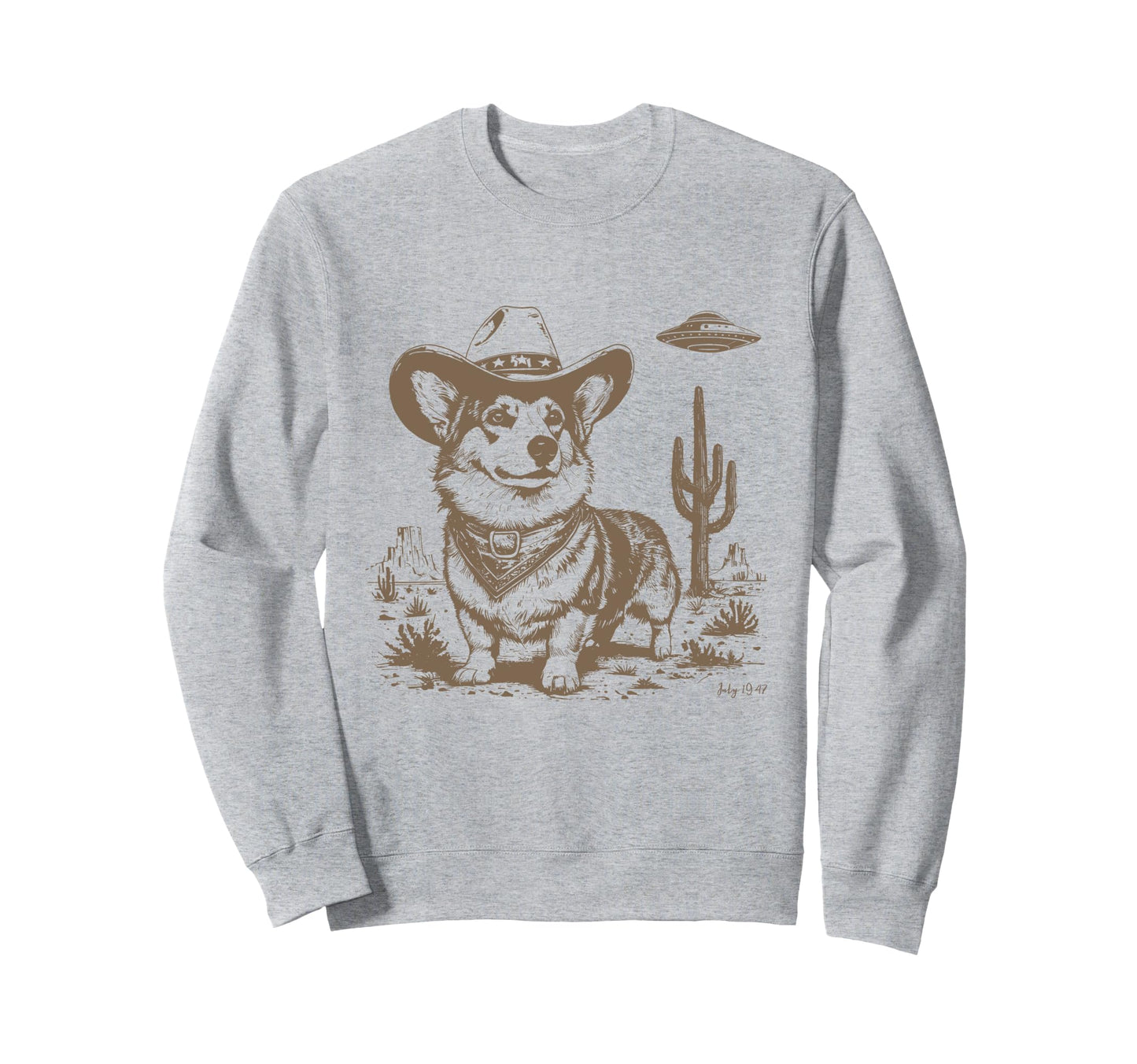 Funny Corgi Ufo Western Cowboy 90S Sweatshirt - Unique Graphic Unisex - T-Shirt, Sweatshirt, Hoodie