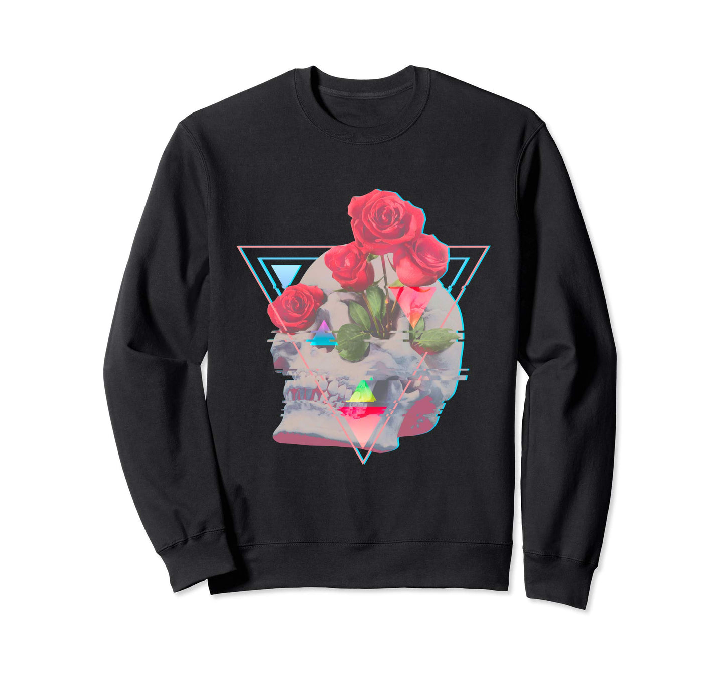 Vaporwave Skull Roses Aesthetic Glitch Sweatshirt - Unique Graphic Unisex - T-Shirt, Sweatshirt, Hoodie