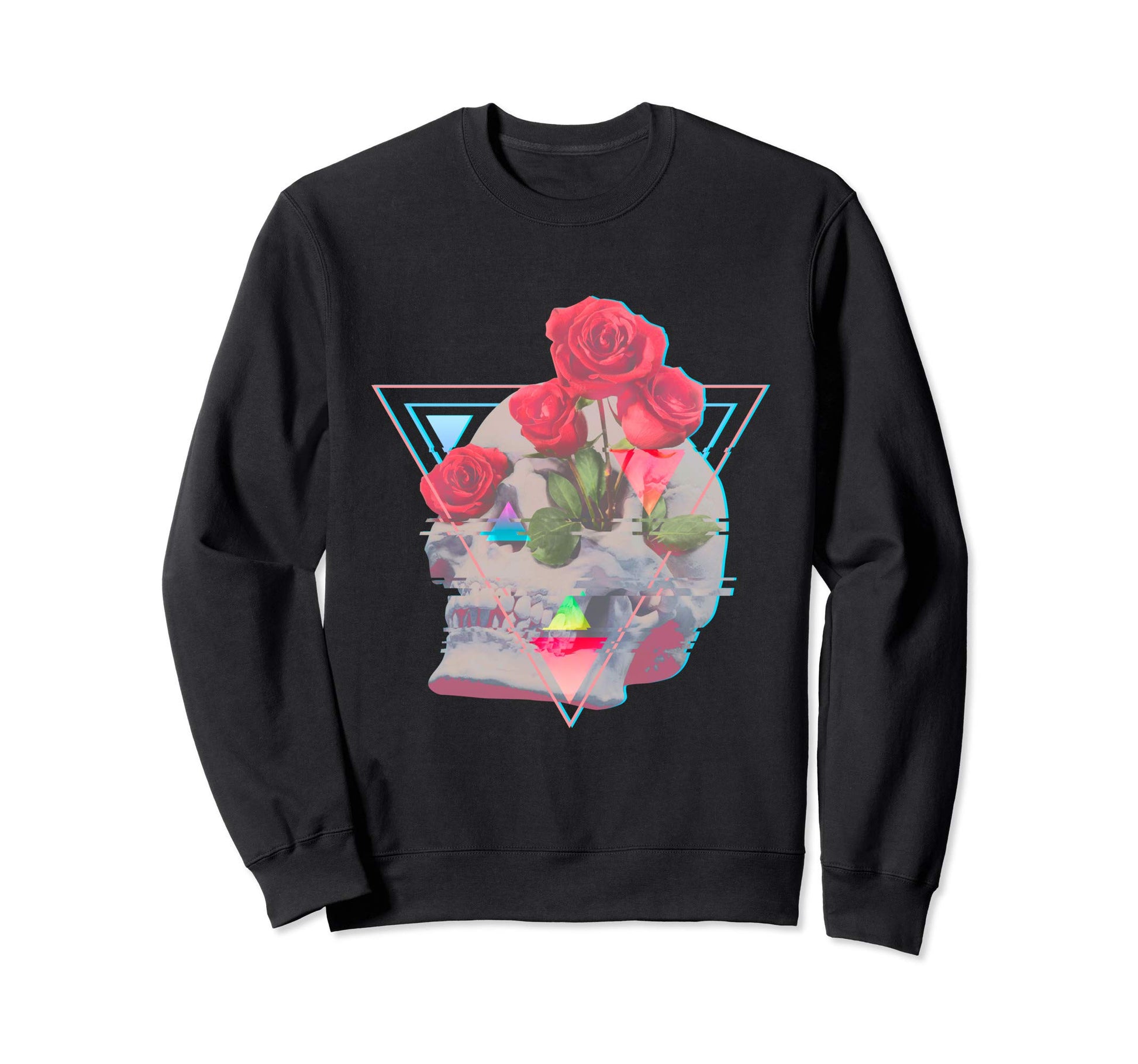 Vaporwave Skull Roses Aesthetic Glitch Sweatshirt - Unique Graphic Unisex - T-Shirt, Sweatshirt, Hoodie