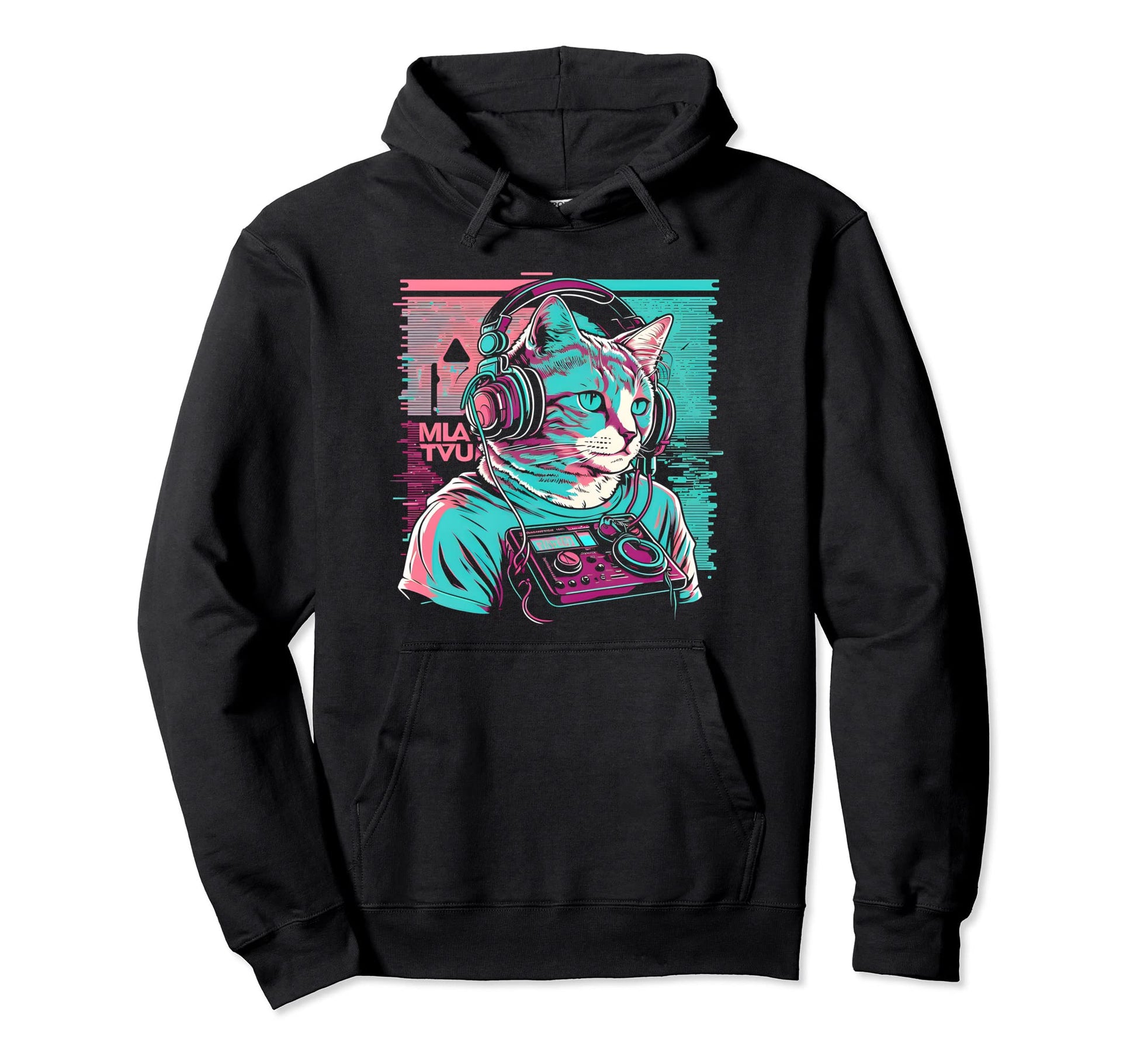 House Dj Cat 80S 90S Kitten Sunset Rainbow Hoodie - Unique Graphic Unisex - T-Shirt, Sweatshirt, Hoodie