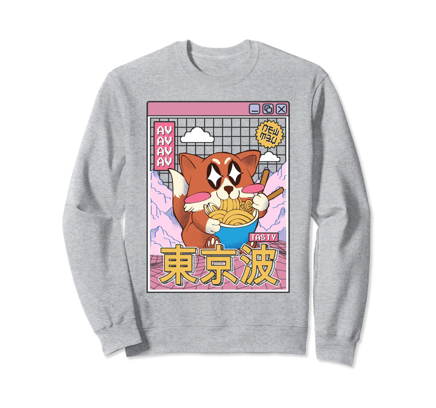 Happy Fox Eating Ramen Vaporwave Sweatshirt - Graphic Print for Adults - T-Shirt, Sweatshirt, Hoodie