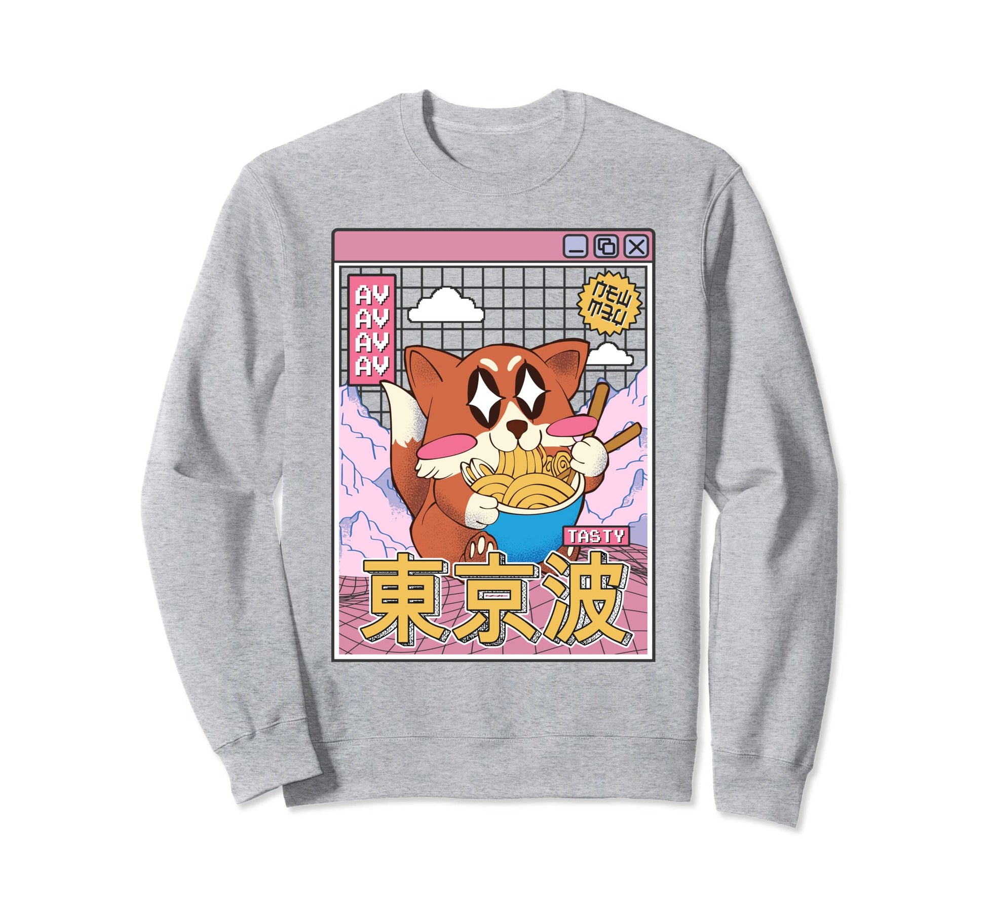 Happy Fox Eating Ramen Vaporwave Sweatshirt - Graphic Print for Adults - T-Shirt, Sweatshirt, Hoodie
