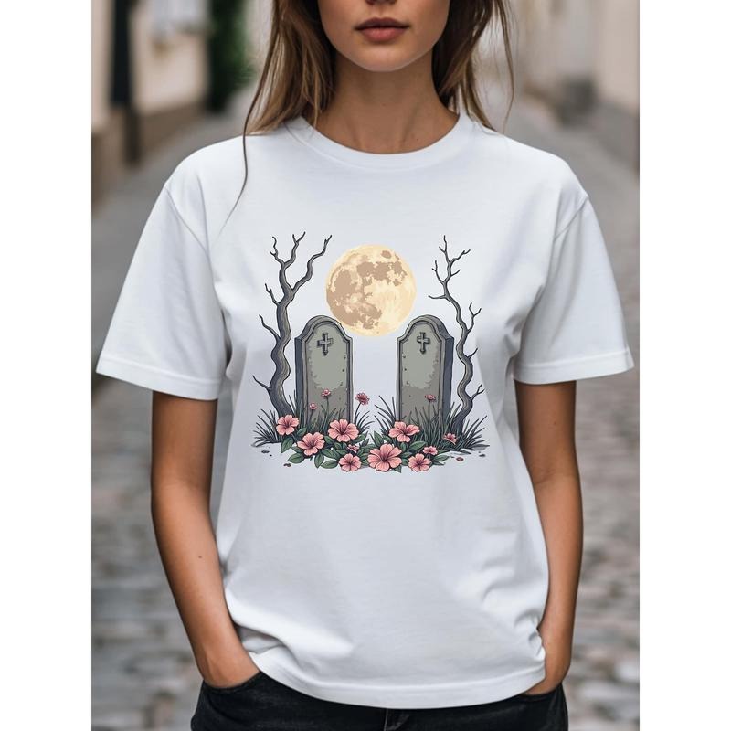 Graveyard Tombstones Flowers Under Full Moon. Printed - Adult & Kids T-Shirts, Sweatshirts & Hoodies apparel design preview 1