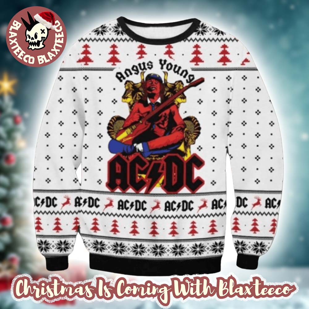 ACDC Angus Young In Throne Snowflakes Pattern Knitted White Ugly Christmas Sweater - Holiday Gift product image