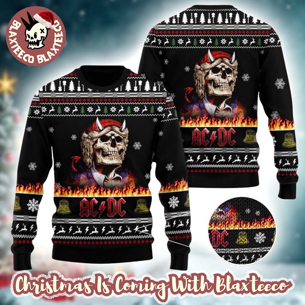 ACDC Angus Young Skeleton In Flame Knitted Black Ugly Christmas Sweater - Holiday Gift product image