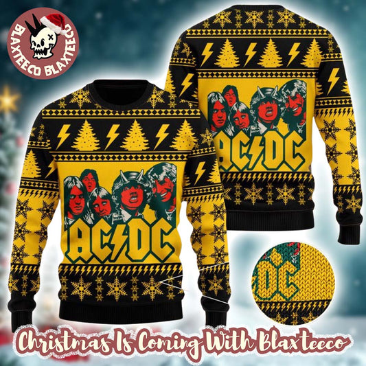 ACDC Band Funny Graphics Snowflakes And Thunder Pattern Knitted Black And Yellow Ugly Christmas Sweater - Holiday Gift product image