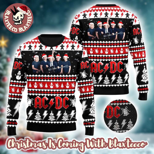 ACDC Band Members Photo With Santa Hats Holiday Ugly Christmas Sweater - Holiday Gift product image