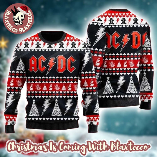 ACDC Band Signature Logo With Thunder And Xmas Tree Pattern Ugly Christmas Sweater - Holiday Gift product image