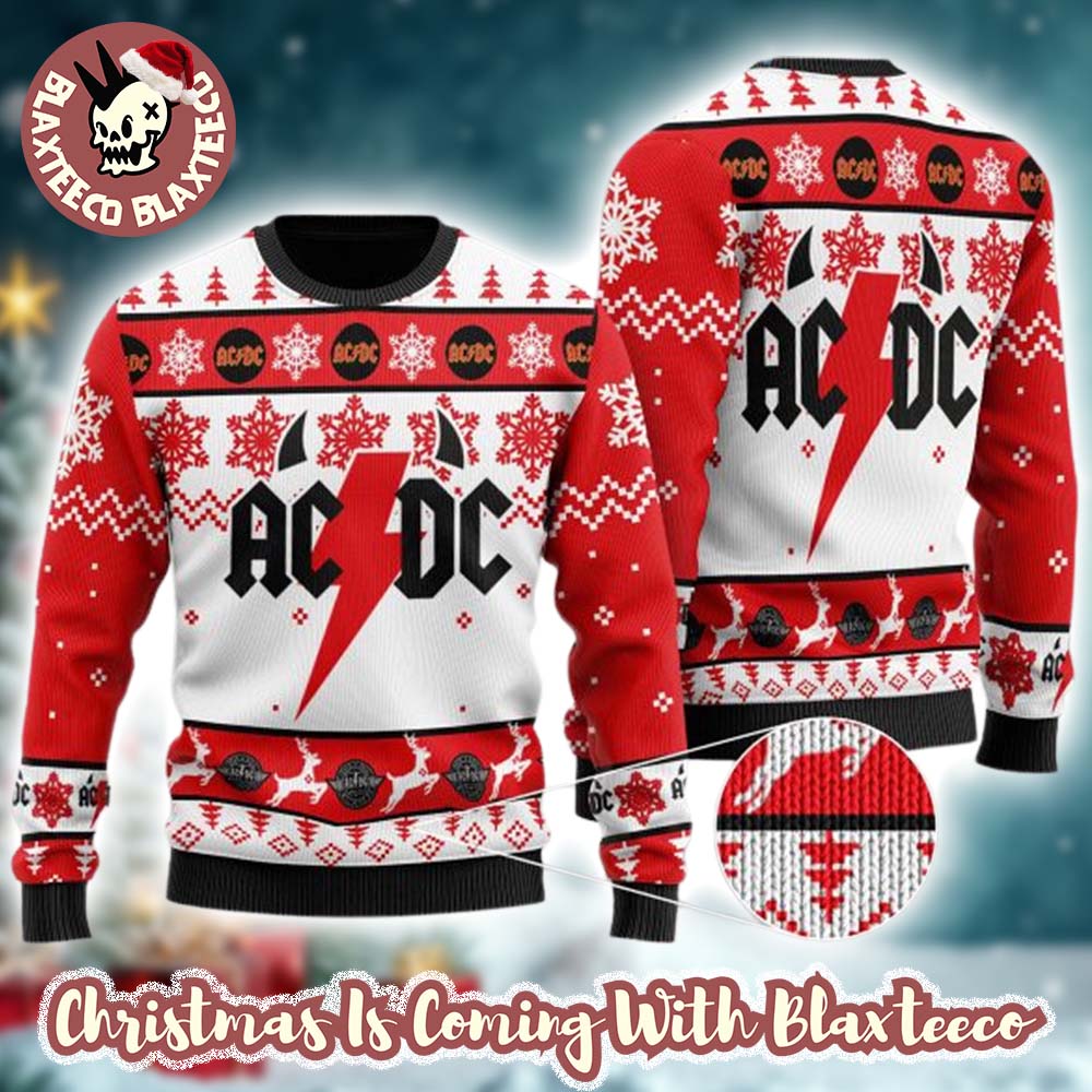 ACDC Big Logo Thunder With Horns Holiday Pattern Red And White Ugly Christmas Sweater - Holiday Gift product image