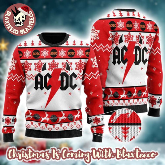ACDC Big Logo Thunder With Horns Holiday Pattern Red And White Ugly Christmas Sweater - Holiday Gift product image