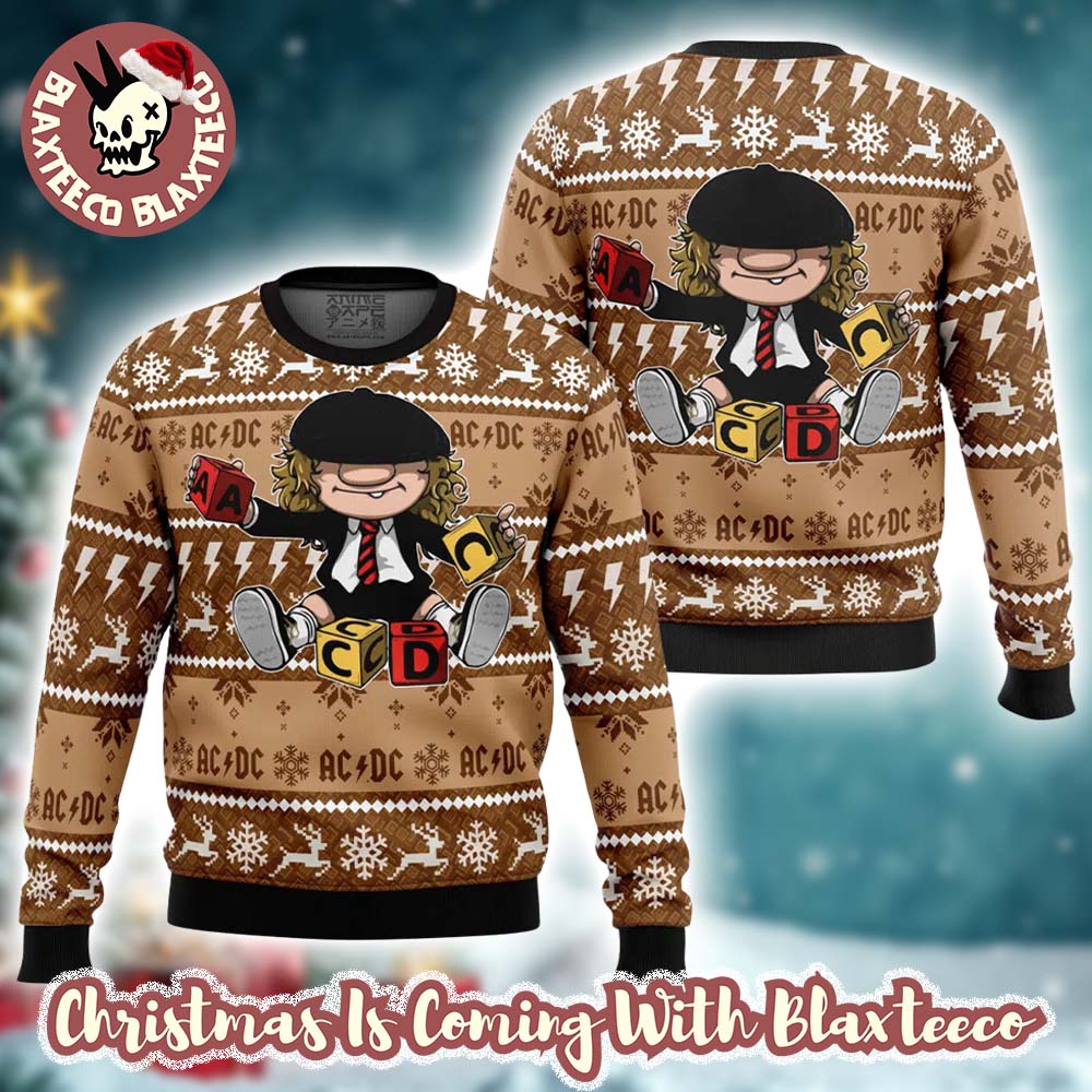 ACDC Brian Johnson Chibi Style Playing Toy Knitted Brown Ugly Christmas Sweater - Holiday Gift product image