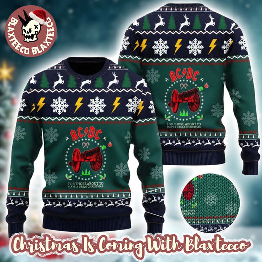 ACDC For Those To Have A Great Christmas Xmas Wreath Cannon Knitted Green Ugly Christmas Sweater - Holiday Gift product image