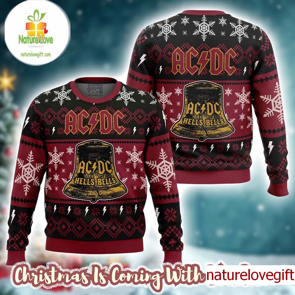 ACDC Hells Bells Signature Big Cracked Bell With Snowflakes Pattern Ugly Christmas Sweater - Holiday Gift product image