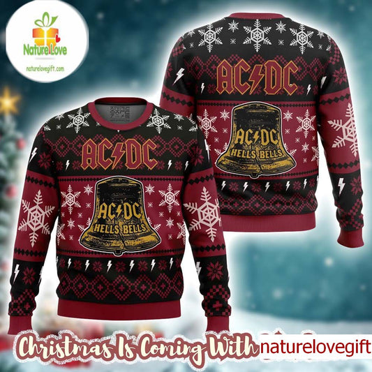 ACDC Hells Bells Signature Big Cracked Bell With Snowflakes Pattern Ugly Christmas Sweater - Holiday Gift product image