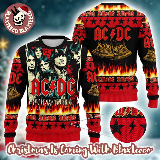 ACDC High Way To Hell X Hells Bells Signature Albums Xmas Black And Red Ugly Christmas Sweater - Holiday Gift product image