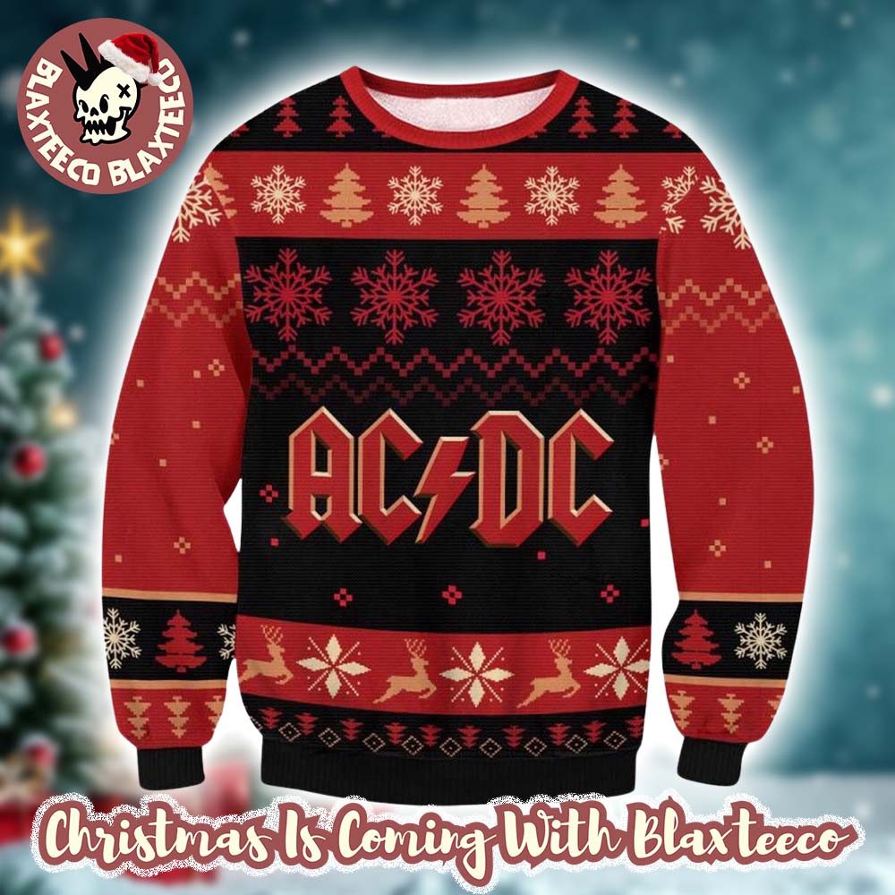 ACDC Logo With Snowflakes And Reindeer Pattern Black And Red Ugly Christmas Sweater - Holiday Gift product image