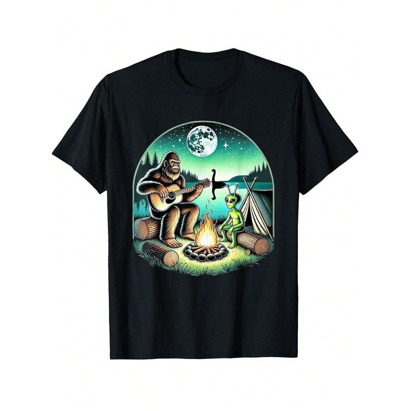Alien Big Foot Loch Ness Campfire Sasquatch Guitar - Adult & Kids T-Shirts, Sweatshirts & Hoodies apparel design preview 1