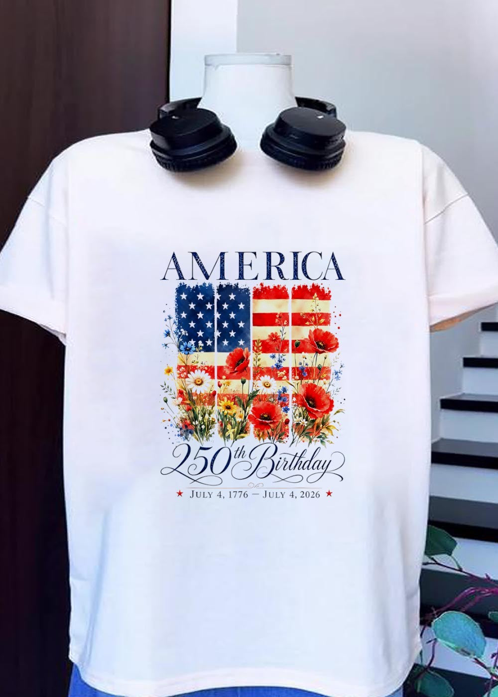 America 250th Birthday July 4 1776 2026 Floral Flag - Adult & Kids T-Shirts, Sweatshirts & Hoodies apparel design preview 1