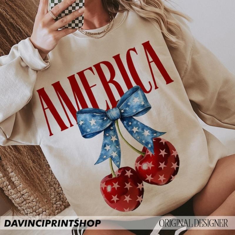 America Cherries Cherry Bow July 4th Woman Usa Flag - Adult & Kids T-Shirts, Sweatshirts & Hoodies apparel design preview 1