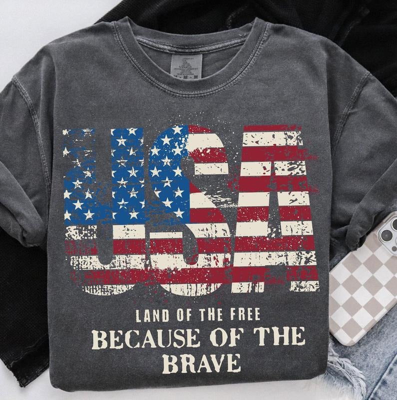 America Land Free Because Brave 4th July Patriotic - Adult & Kids T-Shirts, Sweatshirts & Hoodies apparel design preview 1