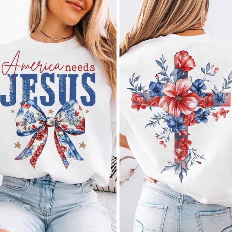 America Needs Jesus Flower 2 Sided Christian Coquette - Adult & Kids T-Shirts, Sweatshirts & Hoodies apparel design preview 1
