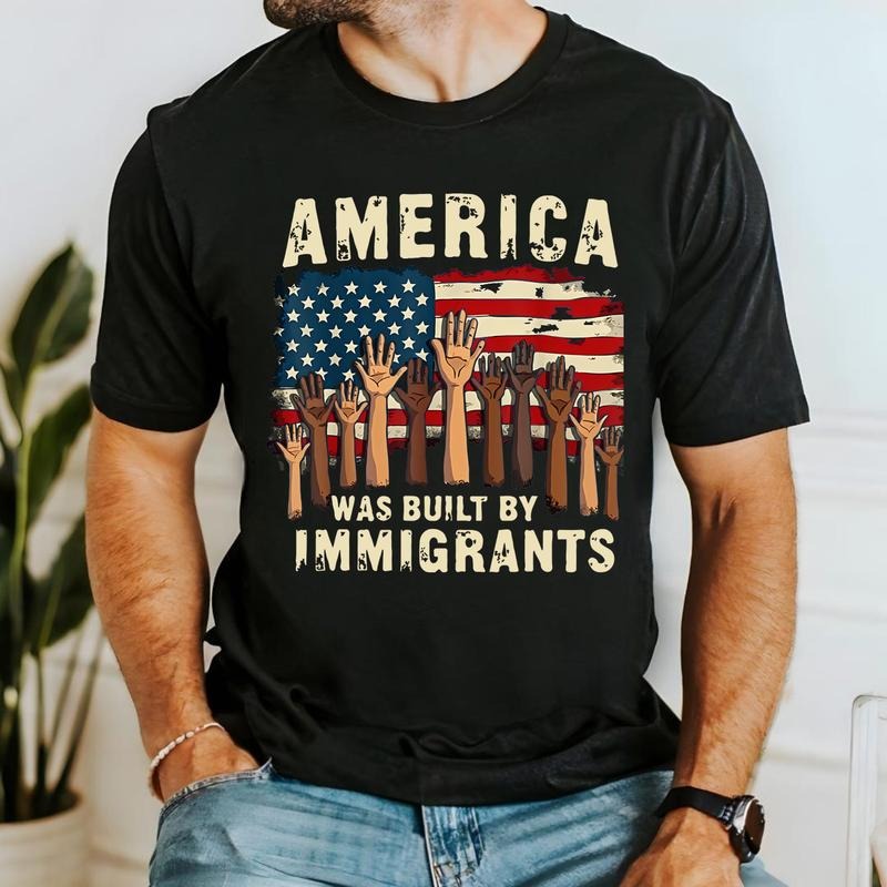 America Was Built Immigrants No Human Is Illegal Anti - Adult & Kids T-Shirts, Sweatshirts & Hoodies apparel design preview 1