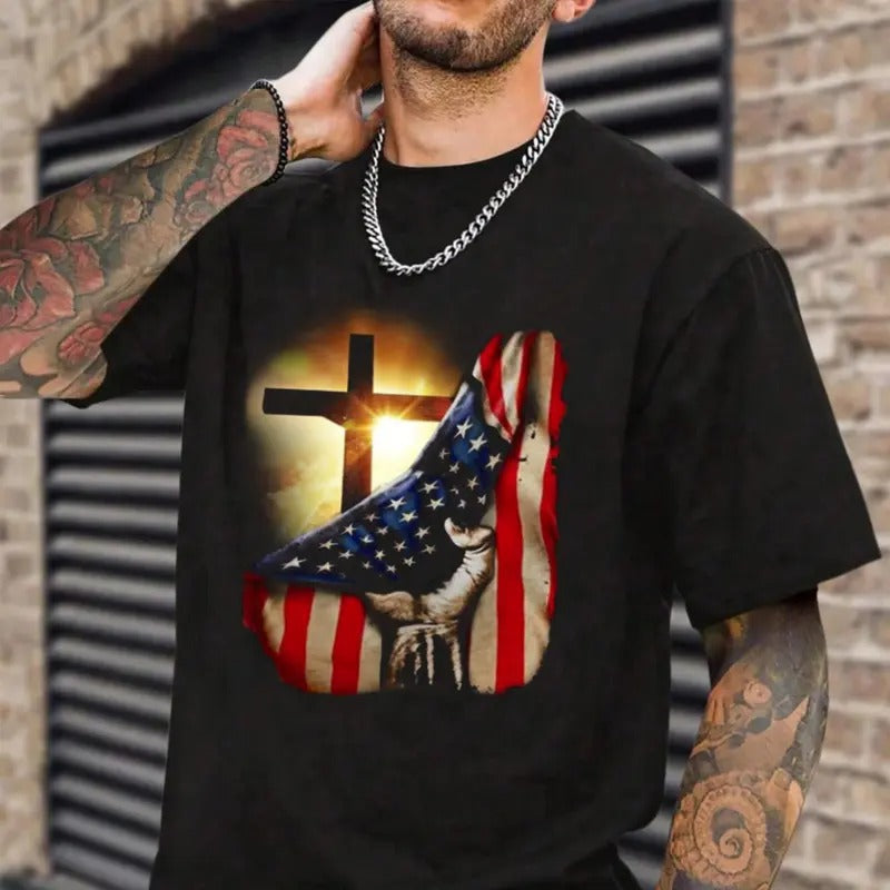 American Christian Cross Patriotic Flag Casual Crew - Adult & Kids T-Shirts, Sweatshirts & Hoodies apparel design preview 1