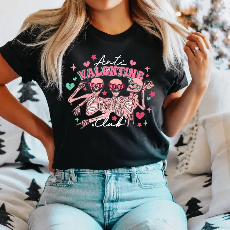 Anti Valentine Club Funny Skeleton Skull Heart - Adult & Kids T-Shirts, Sweatshirts & Hoodies apparel design preview 1